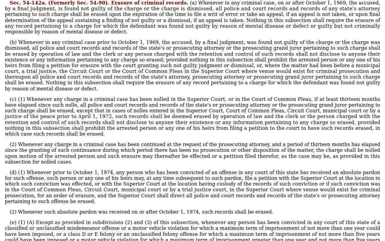 City of New Britain criminal court records Connecticut erasure statute