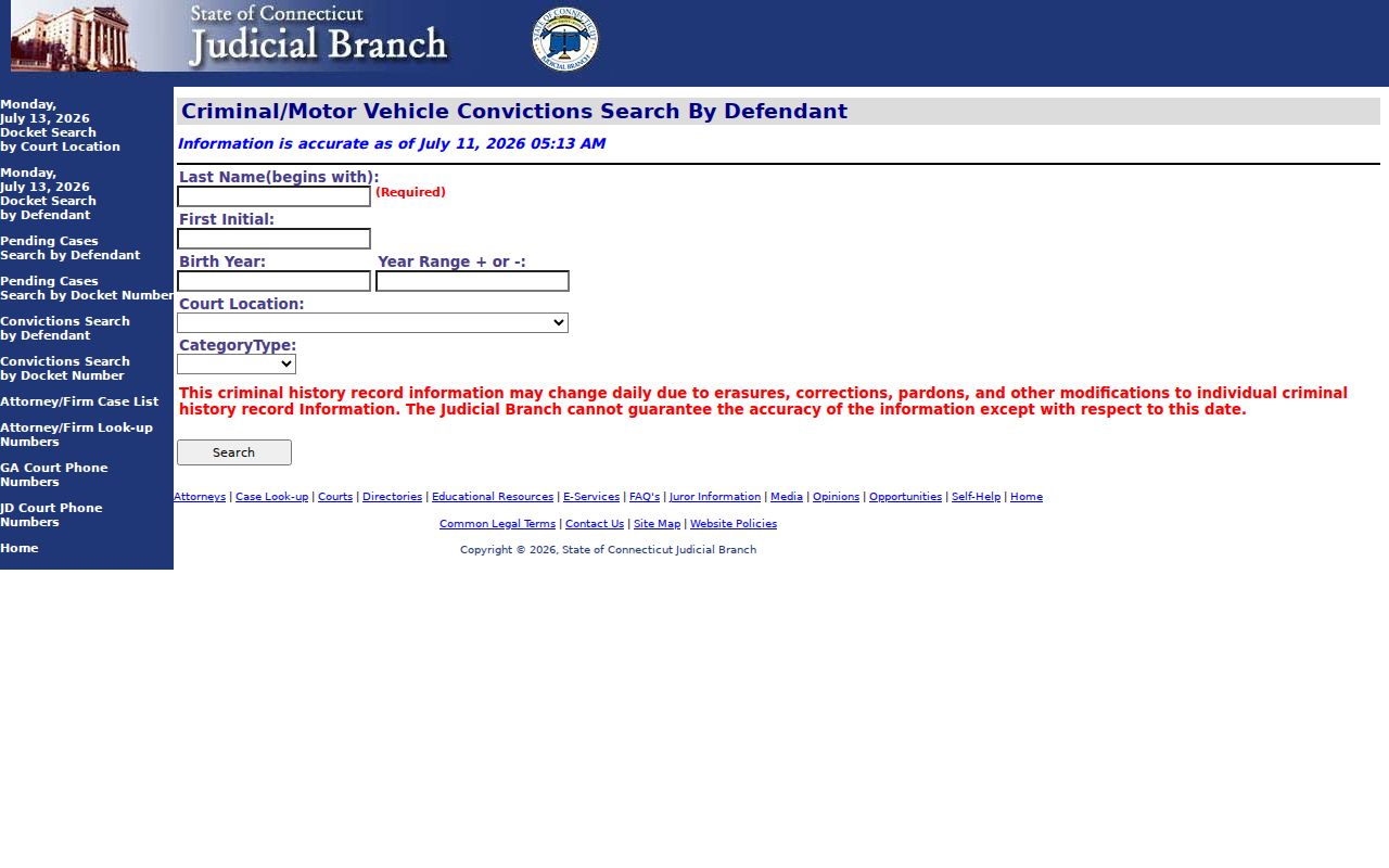 City of New Britain criminal court records conviction search by defendant