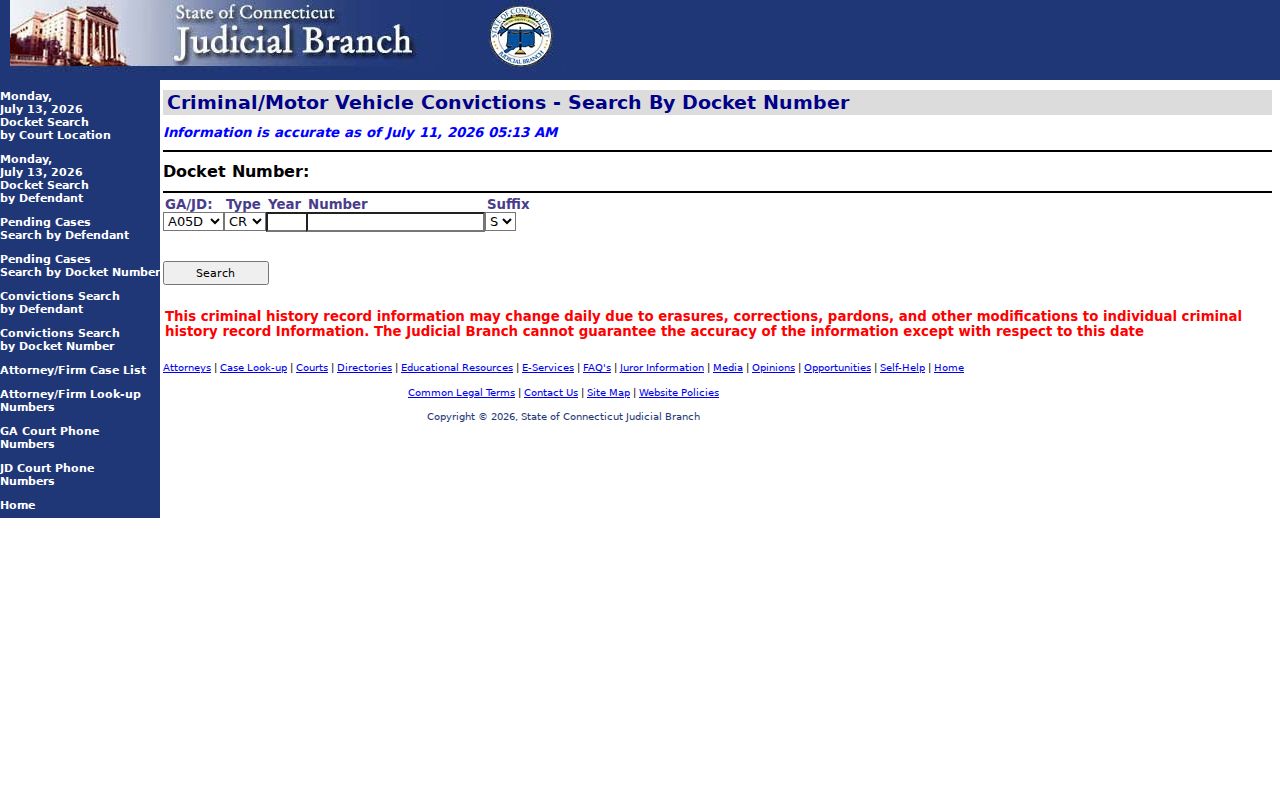 City of New Britain criminal court records conviction docket number search
