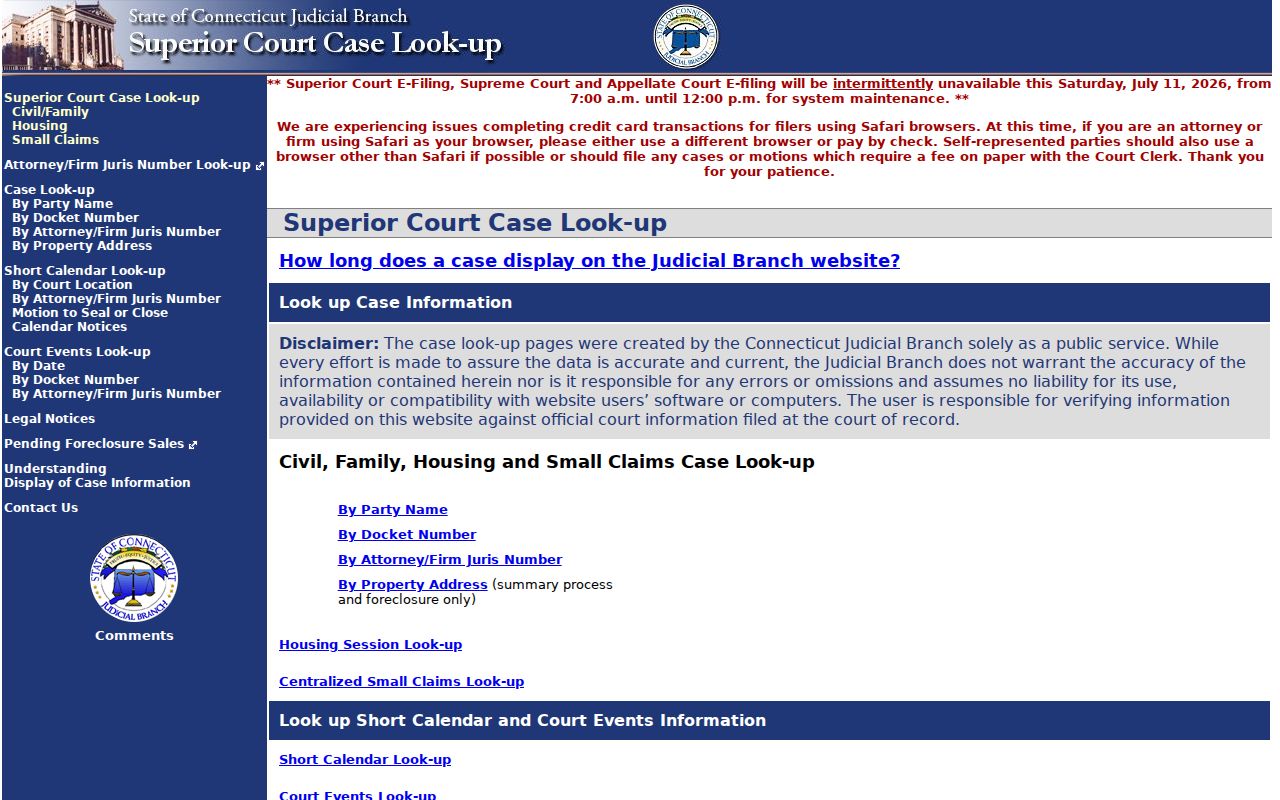 New Britain court records Superior Court civil family housing lookup