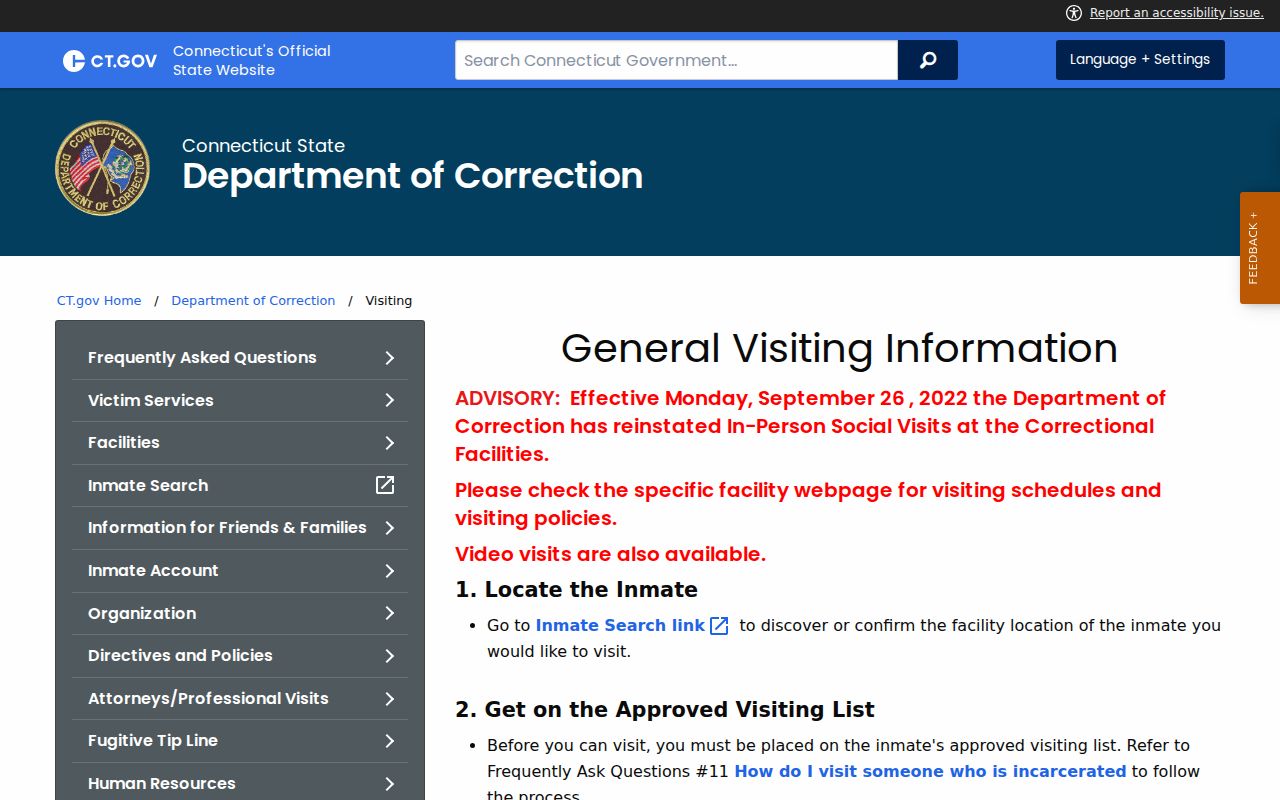 New Britain inmate search Connecticut DOC visiting rules