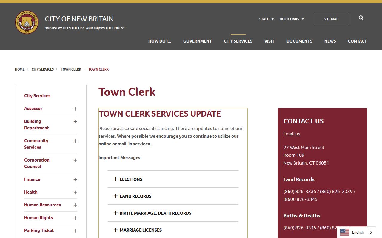 New Britain Town Clerk landing page for city clerk services