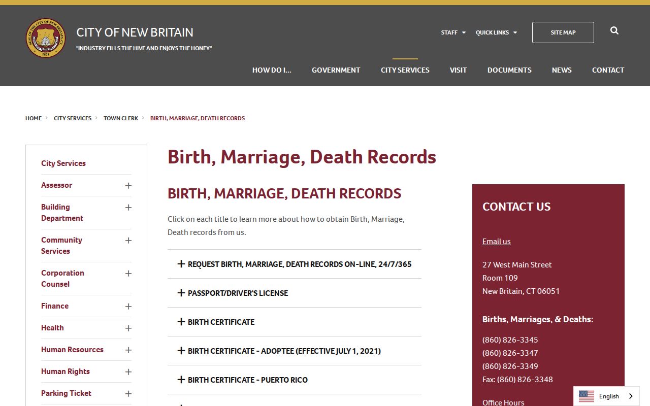 New Britain Town Clerk vital records page for marriage certificates and licenses