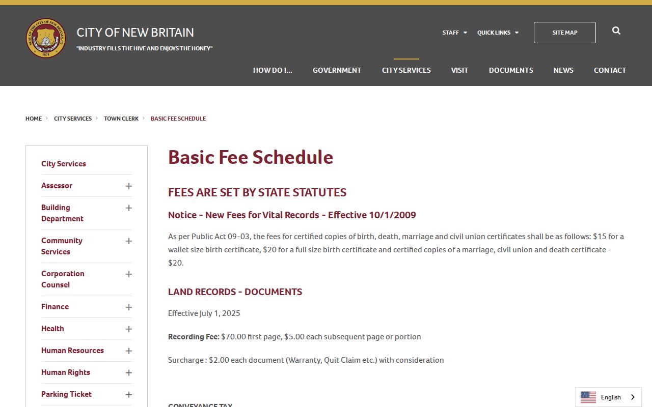 New Britain Town Clerk basic fee schedule page for vital records