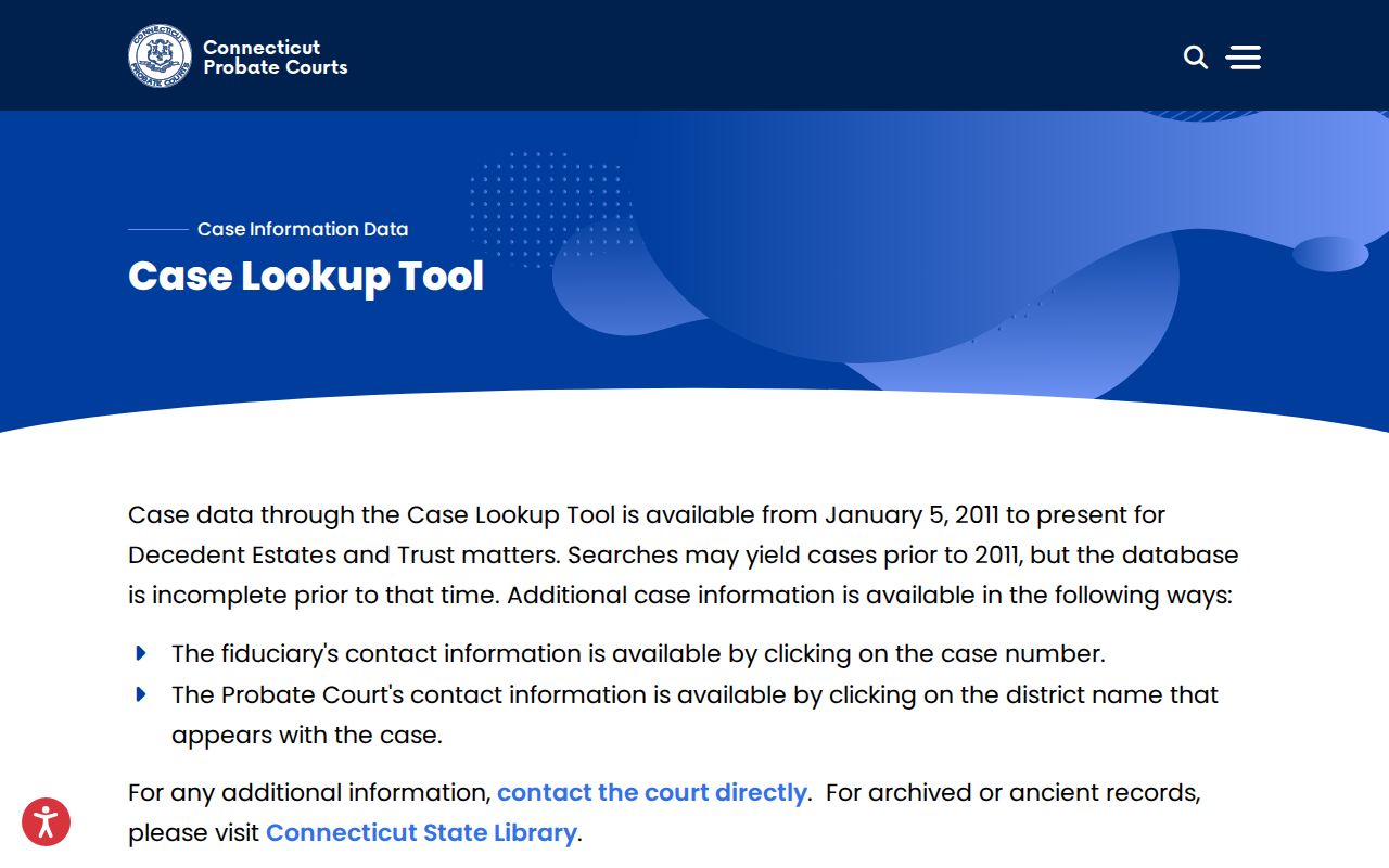 Connecticut Probate Courts case lookup page for probate record searches