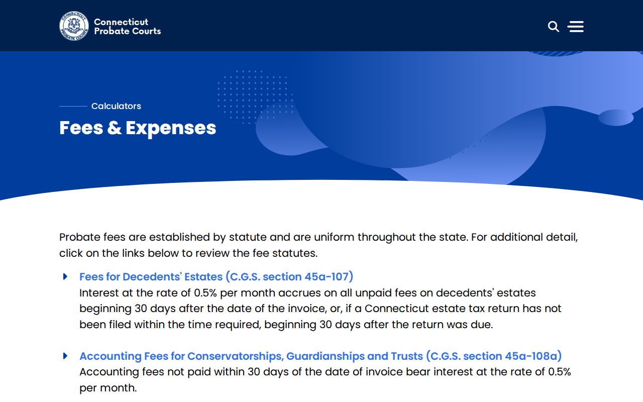 Connecticut Probate Courts fees expenses and calculators page
