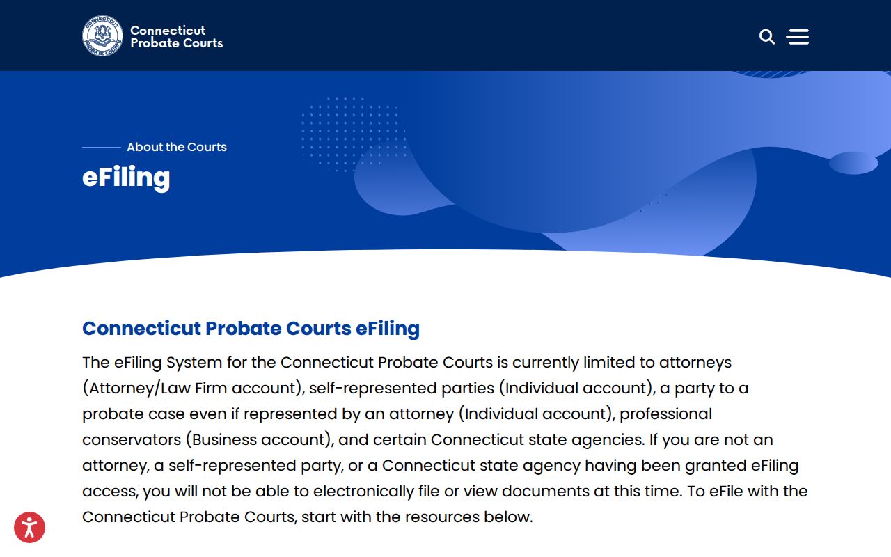 Connecticut Probate Courts eFiling page for probate filings
